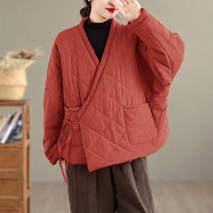 Buddha Stones Fall Winter Casual Minimalist Quilted Design Drawstring Solid Cropped Women's Kimono With Pockets - IndianRed - US14, UK/AU18, EU46 (2XL) - image 0