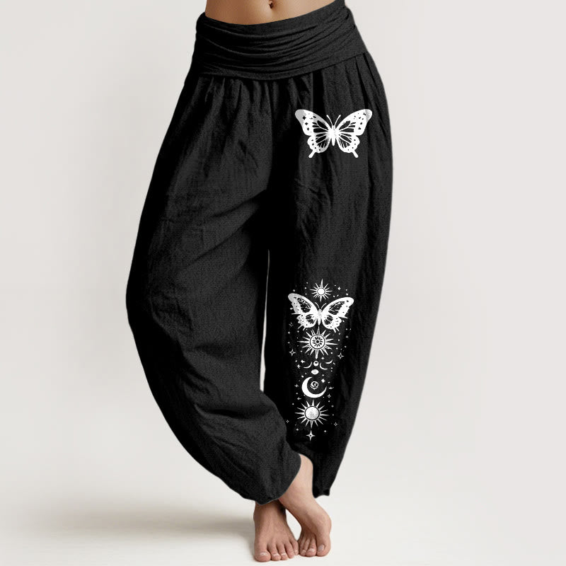Buddha Stones Pure Cotton Moon Star Butterfly Pattern Women's Elastic Waist Harem Pants - Black - US16，UK/AU20，EU48 (3XL) - image 0