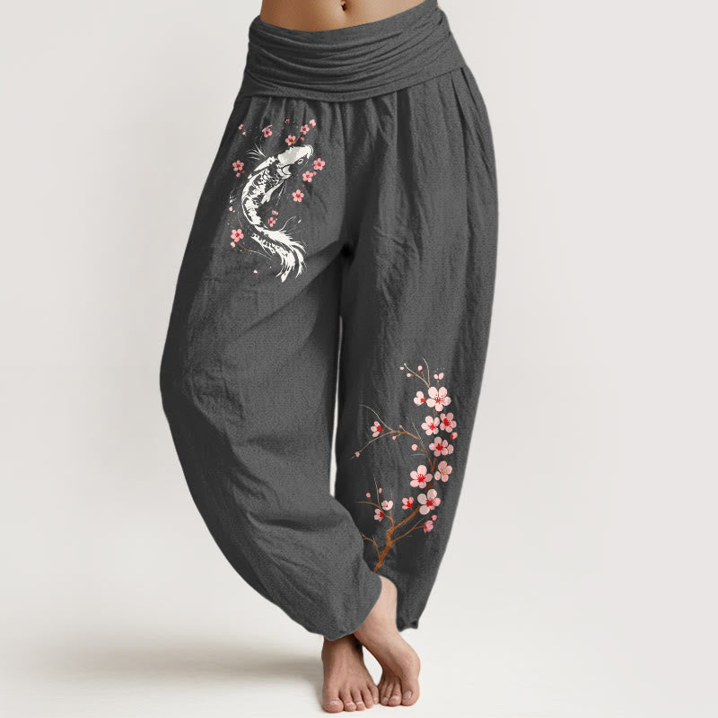 Buddha Stones Pure Cotton Koi Flower Branch Pattern Women's Elastic Waist Harem Pants - DimGray - US16，UK/AU20，EU48 (3XL) - image 8