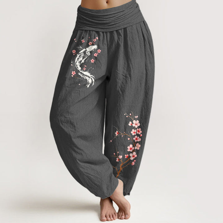 Buddha Stones Pure Cotton Koi Flower Branch Pattern Women's Elastic Waist Harem Pants - DimGray - US16，UK/AU20，EU48 (3XL) - image 8
