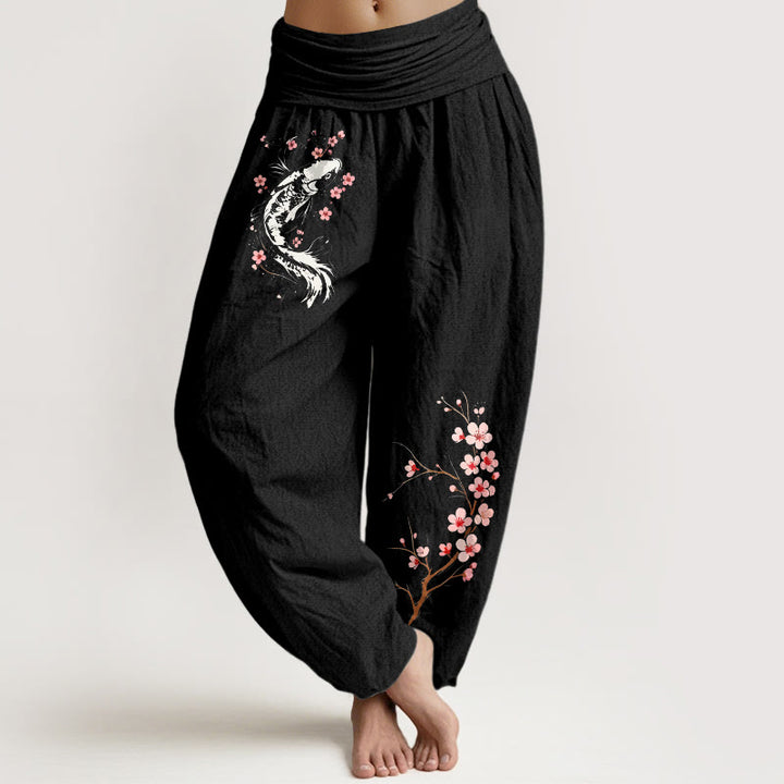 Buddha Stones Pure Cotton Koi Flower Branch Pattern Women's Elastic Waist Harem Pants - Black - US16，UK/AU20，EU48 (3XL) - image 0