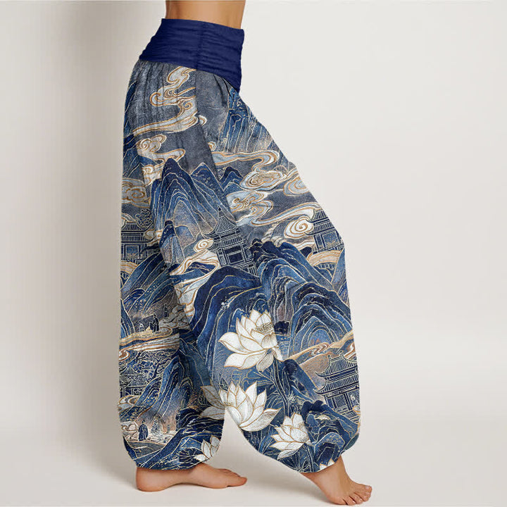 Buddha Stones Cotton Lotus Cloud Pattern Women's Elastic Waist Harem Pants - image 2