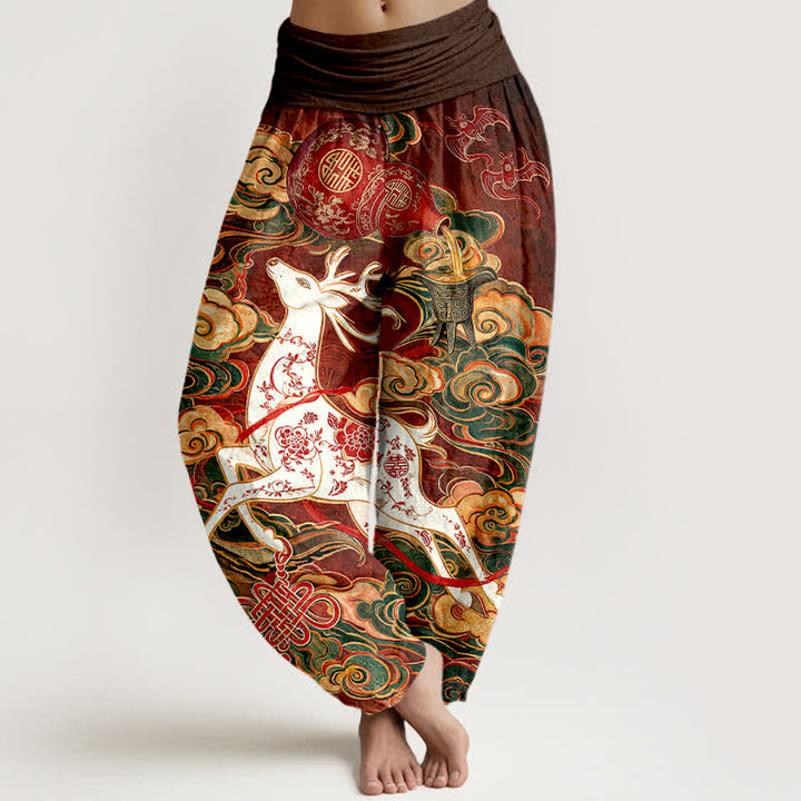 Buddha Stones Cotton Ornate Auspicious Cloud Chinese Knot Pattern Women's Elastic Waist Harem Pants - Brown - US16，UK/AU20，EU48 (3XL) - image 0