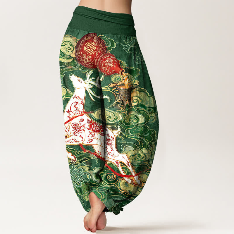 Buddha Stones Cotton Ornate Auspicious Cloud Chinese Knot Pattern Women's Elastic Waist Harem Pants - image 6