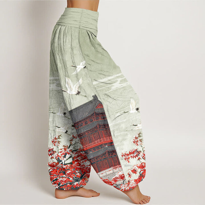Buddha Stones Cotton Scenic Pavilion Bird Pattern Women's Elastic Waist Harem Pants - image 7