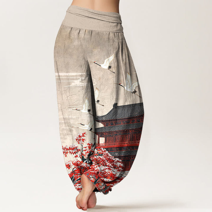 Buddha Stones Cotton Scenic Pavilion Bird Pattern Women's Elastic Waist Harem Pants - image 9