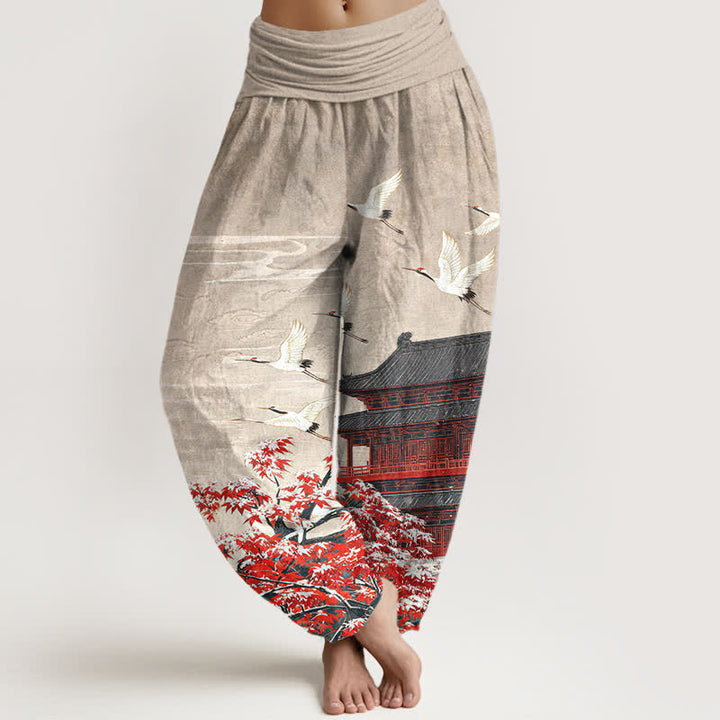 Buddha Stones Cotton Scenic Pavilion Bird Pattern Women's Elastic Waist Harem Pants - Beige - US16，UK/AU20，EU48 (3XL) - image 8