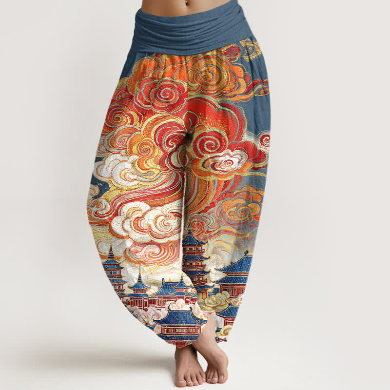 Buddha Stones Cotton Ethnic Floral Spiral Pattern Women's Elastic Waist Harem Pants - SteelBlue - US16，UK/AU20，EU48 (3XL) - image 0