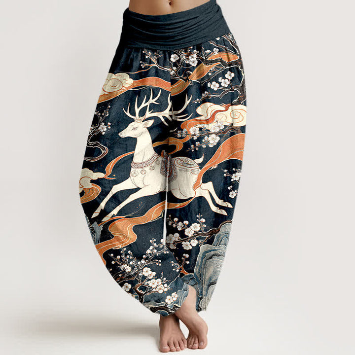 Buddha Stones Cotton Deer Blossom Mountain Pattern Women's Elastic Waist Harem Pants - Black - US16，UK/AU20，EU48 (3XL) - image 0