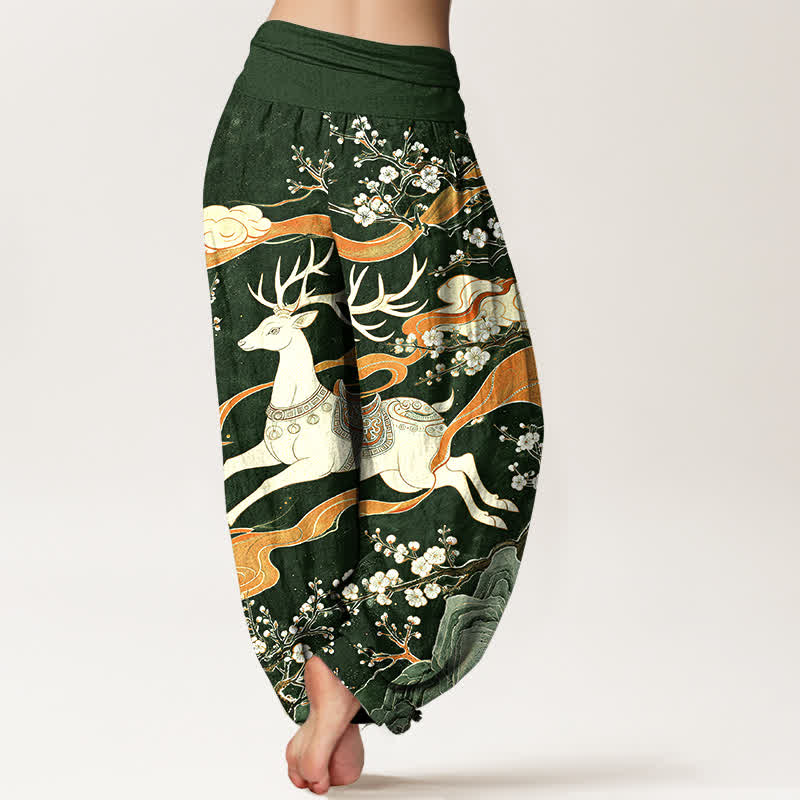 Buddha Stones Cotton Deer Blossom Mountain Pattern Women's Elastic Waist Harem Pants - image 6
