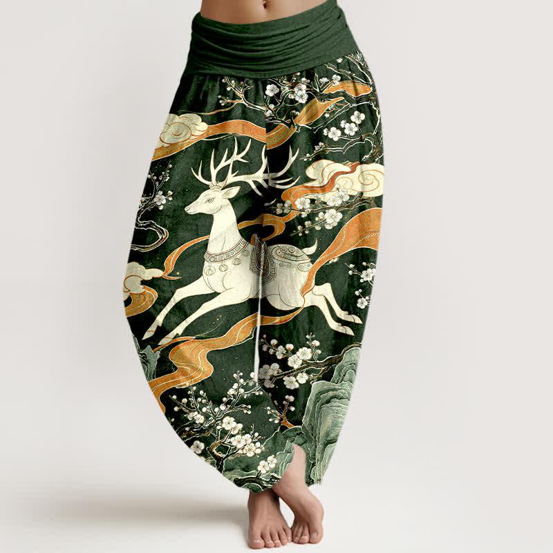 Buddha Stones Cotton Deer Blossom Mountain Pattern Women's Elastic Waist Harem Pants - DarkGreen - US16，UK/AU20，EU48 (3XL) - image 5