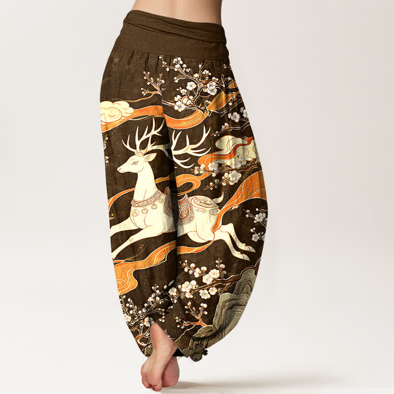 Buddha Stones Cotton Deer Blossom Mountain Pattern Women's Elastic Waist Harem Pants - image 9