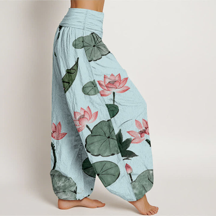 Buddha Stones Cotton Oriental Lotus Pattern Women's Elastic Waist Harem Pants - image 7