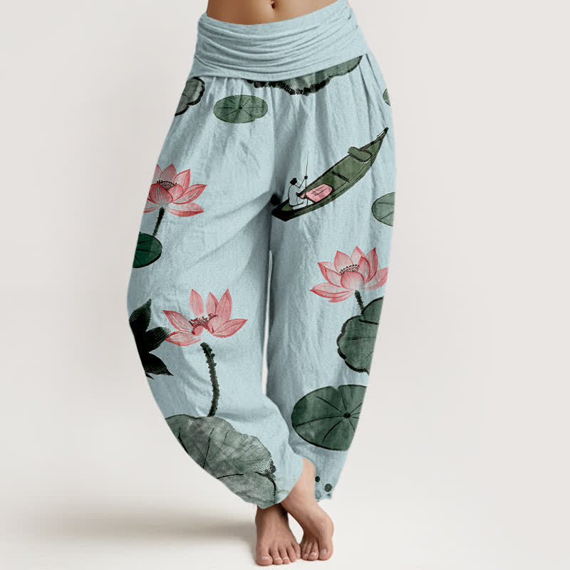 Buddha Stones Cotton Oriental Lotus Pattern Women's Elastic Waist Harem Pants - LightBlue - US16，UK/AU20，EU48 (3XL) - image 5