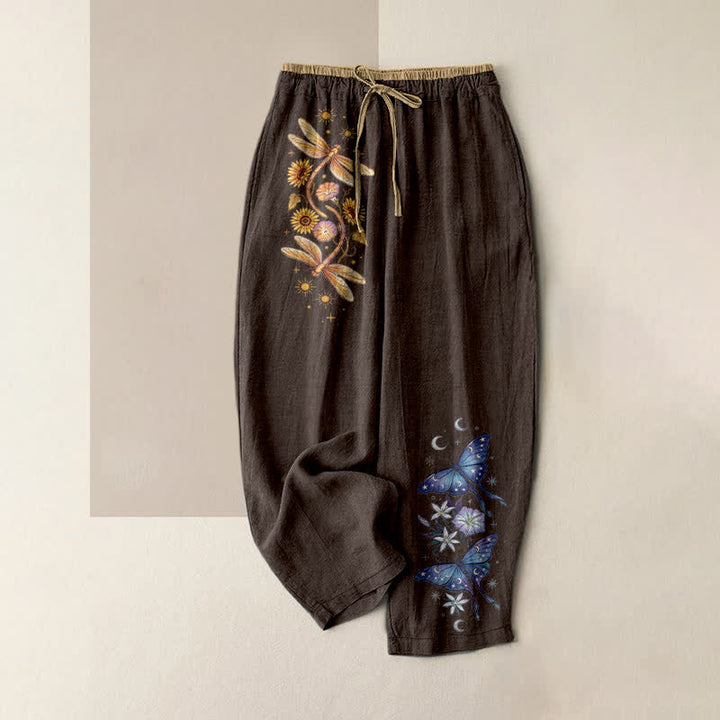 Buddha Stones Pure Cotton Embroidered Blossom Butterfly Pattern Women's Elastic Waist Pants With Pockets - SaddleBrown - US16，UK/AU20，EU48 (3XL) - image 0