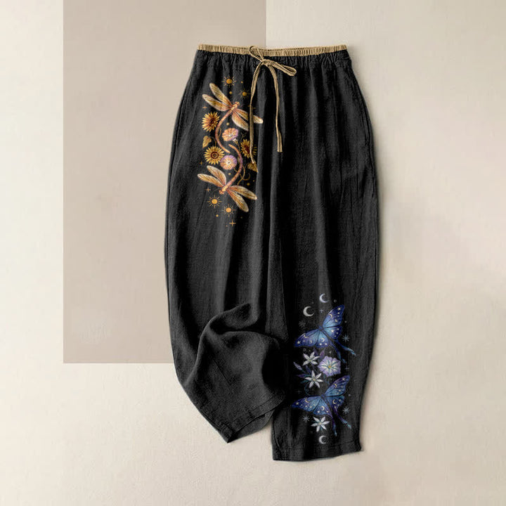 Buddha Stones Pure Cotton Embroidered Blossom Butterfly Pattern Women's Elastic Waist Pants With Pockets - Black - US16，UK/AU20，EU48 (3XL) - image 4