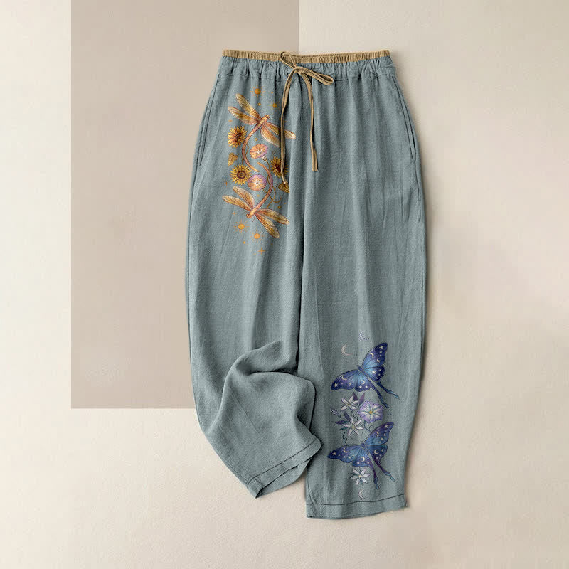 Buddha Stones Pure Cotton Embroidered Blossom Butterfly Pattern Women's Elastic Waist Pants With Pockets - LightBlue - US16，UK/AU20，EU48 (3XL) - image 5