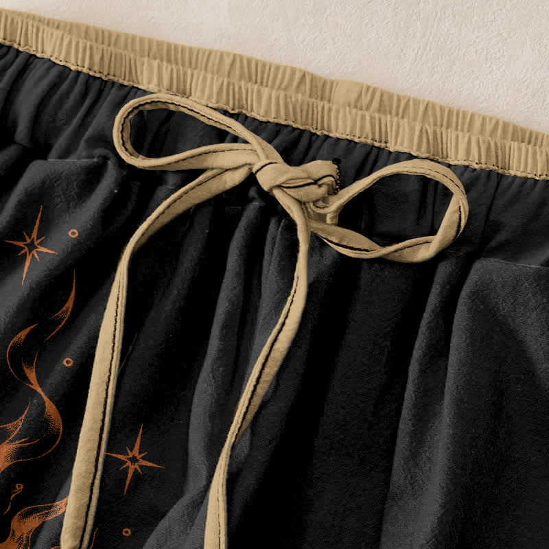 Buddha Stones Pure Cotton Retro Sun Star Moon Pattern Women's Elastic Waist Pants With Pockets - image 1