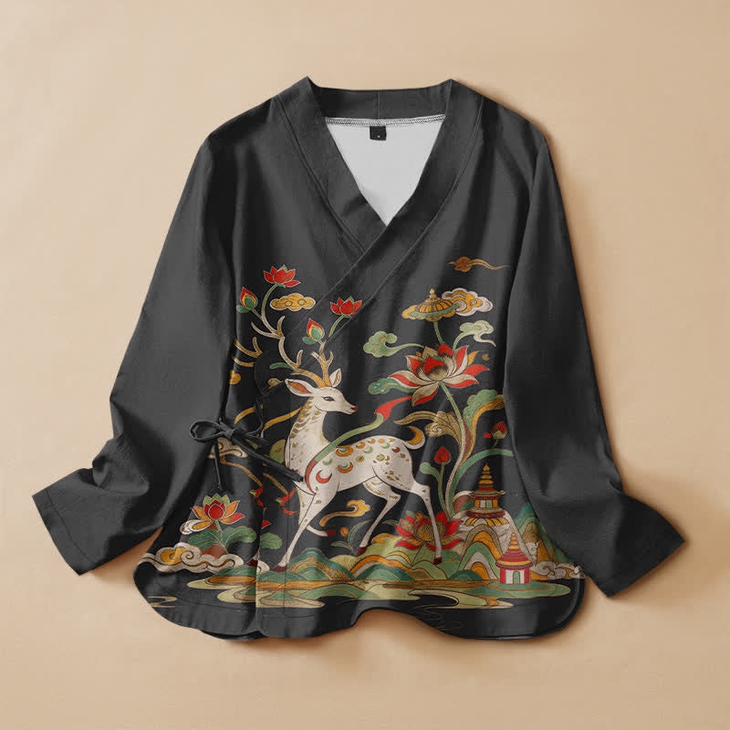 Buddha Stones Cotton Lotus Deer Cloud Print Wrap V-Neck Lace-up Women's Long Sleeve Shirts Kimono - Black - US16，UK/AU20，EU48 (3XL) - image 0