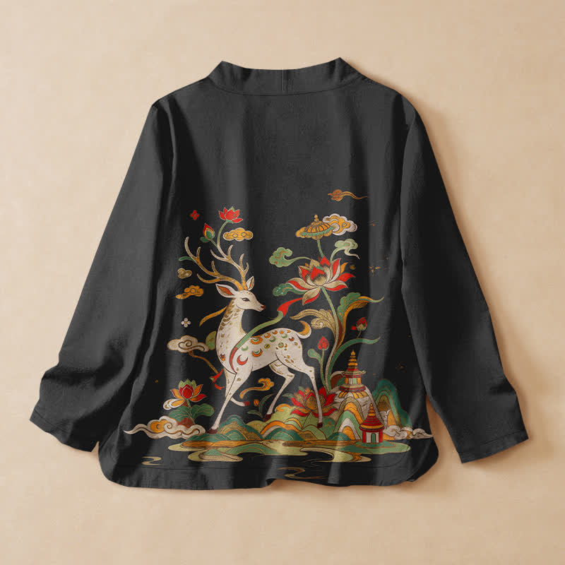 Buddha Stones Cotton Lotus Deer Cloud Print Wrap V-Neck Lace-up Women's Long Sleeve Shirts Kimono - image 1