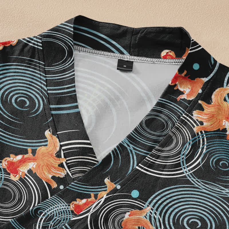 Buddha Stones Cotton Bird Blossom Spiral Koi Fish Pattern Wrap V-Neck Lace-up Women's Long Sleeve Shirts Kimono - image 2