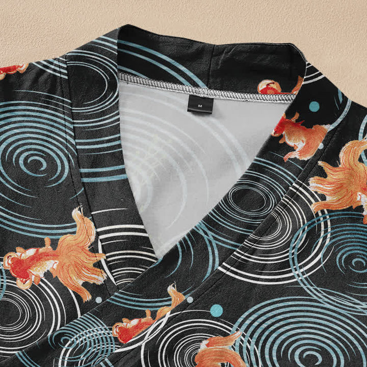 Buddha Stones Cotton Bird Blossom Spiral Koi Fish Pattern Wrap V-Neck Lace-up Women's Long Sleeve Shirts Kimono - image 2