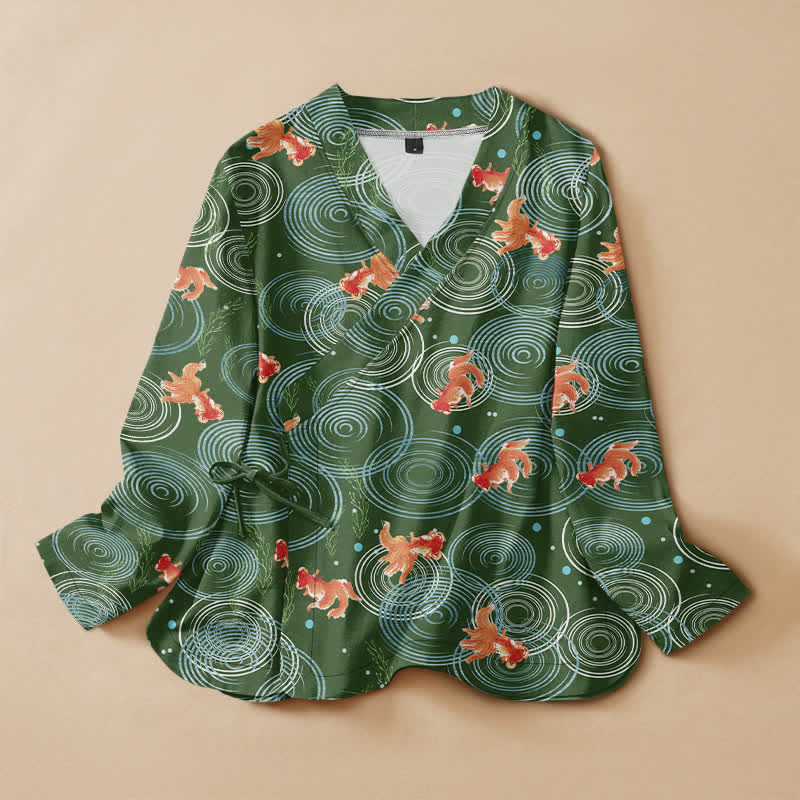 Buddha Stones Cotton Bird Blossom Spiral Koi Fish Pattern Wrap V-Neck Lace-up Women's Long Sleeve Shirts Kimono - DarkGreen - US16，UK/AU20，EU48 (3XL) - image 5