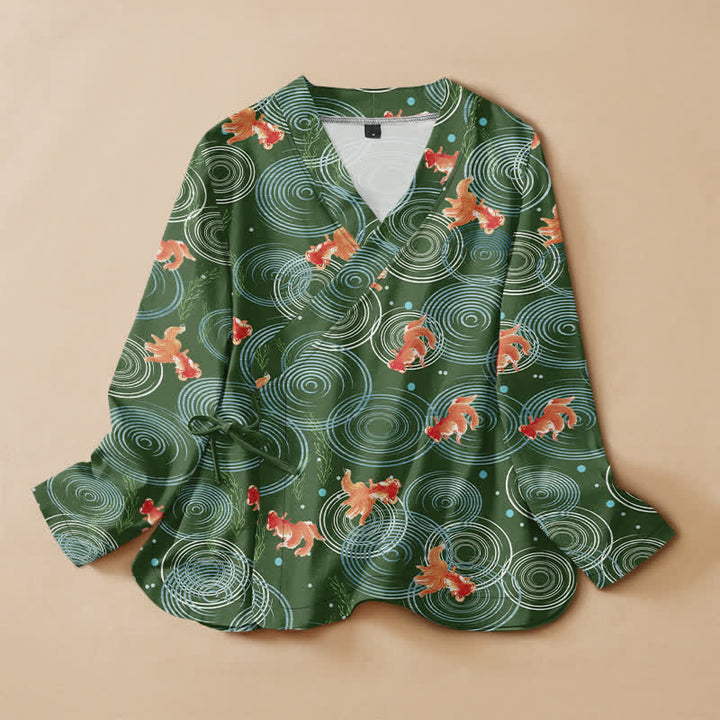 Buddha Stones Cotton Bird Blossom Spiral Koi Fish Pattern Wrap V-Neck Lace-up Women's Long Sleeve Shirts Kimono - DarkGreen - US16，UK/AU20，EU48 (3XL) - image 5