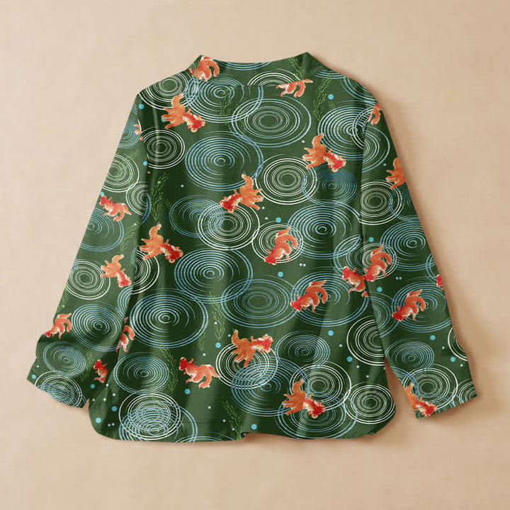 Buddha Stones Cotton Bird Blossom Spiral Koi Fish Pattern Wrap V-Neck Lace-up Women's Long Sleeve Shirts Kimono - image 6