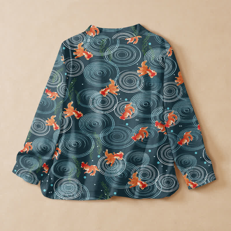 Buddha Stones Cotton Bird Blossom Spiral Koi Fish Pattern Wrap V-Neck Lace-up Women's Long Sleeve Shirts Kimono - image 8