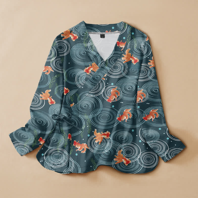 Buddha Stones Cotton Bird Blossom Spiral Koi Fish Pattern Wrap V-Neck Lace-up Women's Long Sleeve Shirts Kimono - Teal - US16，UK/AU20，EU48 (3XL) - image 7