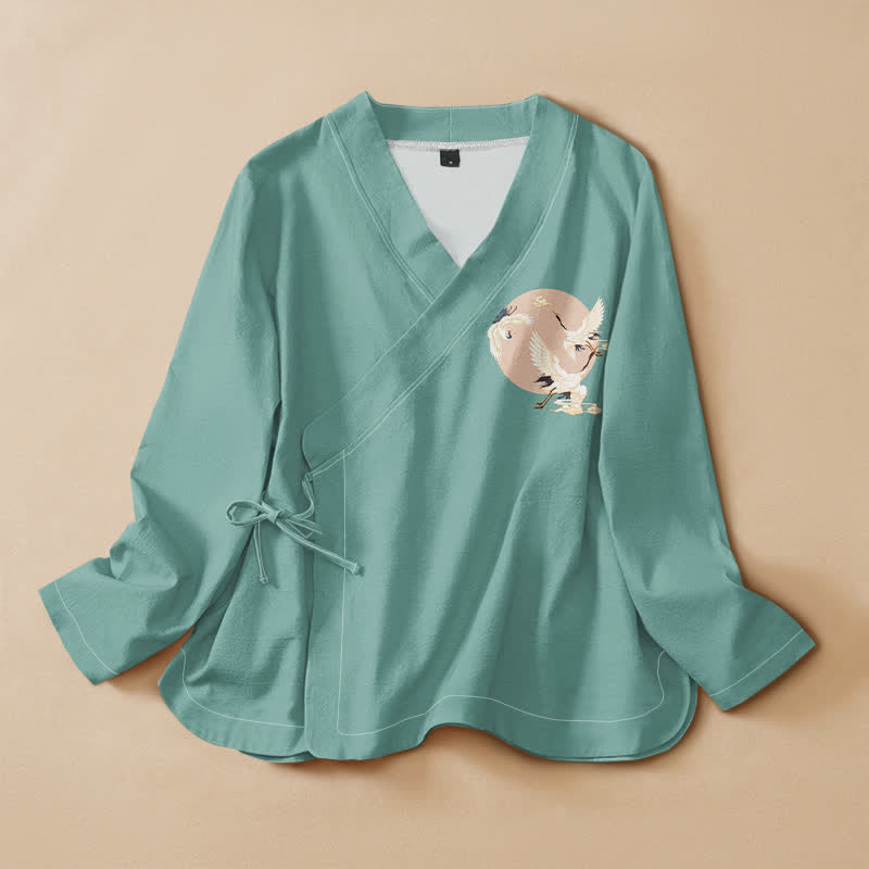 Buddha Stones Cotton Eastern Crane Pattern Wrap V-Neck Lace-up Women's Long Sleeve Shirts Kimono - LightSeaGreen - US16，UK/AU20，EU48 (3XL) - image 5