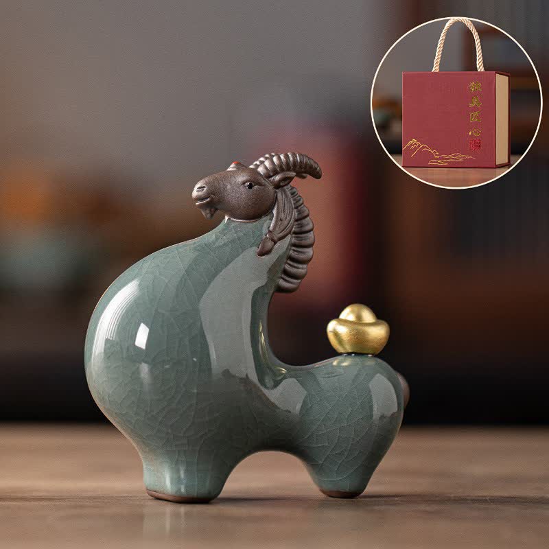 Buddha Stones Ceramic Goat Ram Prosperity Crackle Glaze Cute Animal Decor - Blue Head-Up - image 3