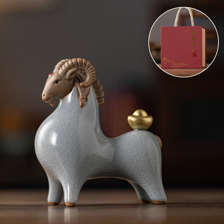 Buddha Stones Ceramic Goat Ram Prosperity Crackle Glaze Cute Animal Decor - White Head-Down - image 9