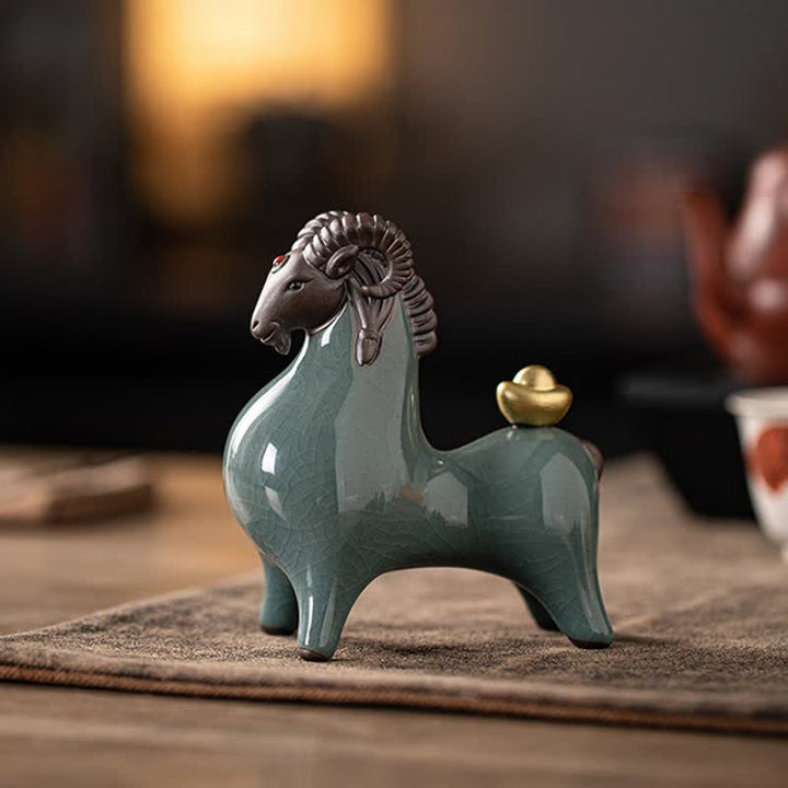 Buddha Stones Ceramic Goat Ram Prosperity Crackle Glaze Cute Animal Decor - image 1