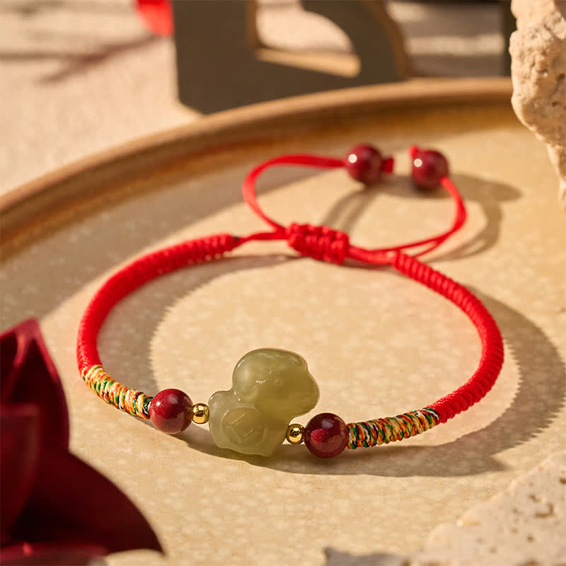 Buddha Stones Year of the Goat Hetian Jade Goat Charm Cinnabar Protection Braided String Bracelet - Red(Wrist Circumference: 5.9-7.1 in / 15-18cm) - image 0
