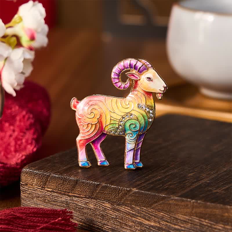 Buddha Stones Year of the Goat Vintage Multicolor Sheep Copper Grounding Rhinestone Brooch - Red Purple Approx. 4*5 cm - image 0