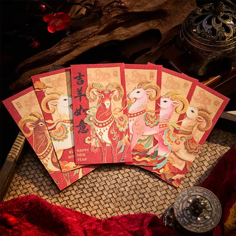 Buddha Stones 6Pcs Year of the Goat Traditional Chinese Year Blessing Red Envelope Set - image 3