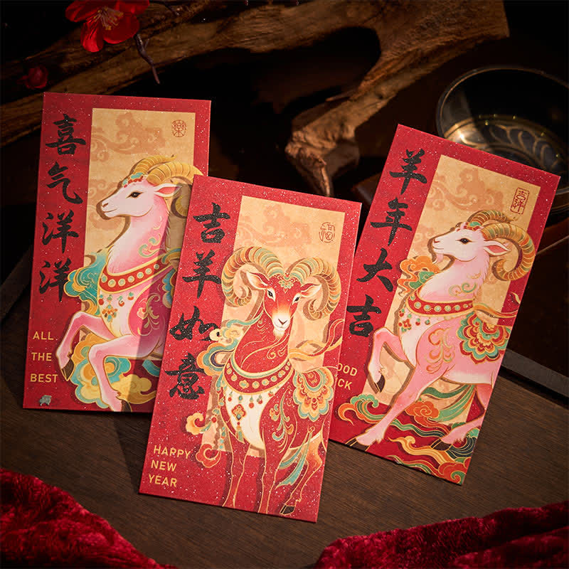 Buddha Stones 6Pcs Year of the Goat Traditional Chinese Year Blessing Red Envelope Set - image 5