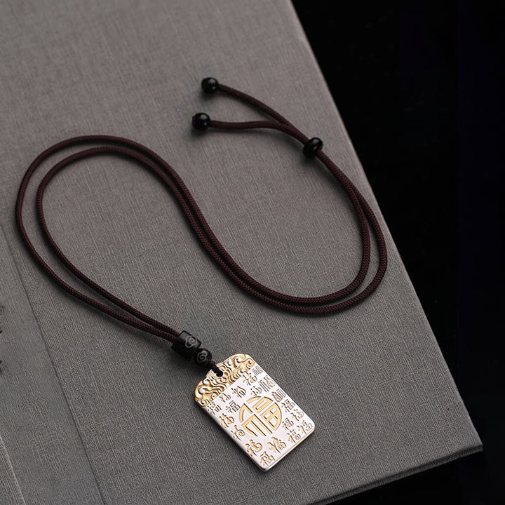 Buddha Stones Silver Plated Copper Fu Character Auspicious Clouds Luck Fortune Rope Necklace Pendant - image 3
