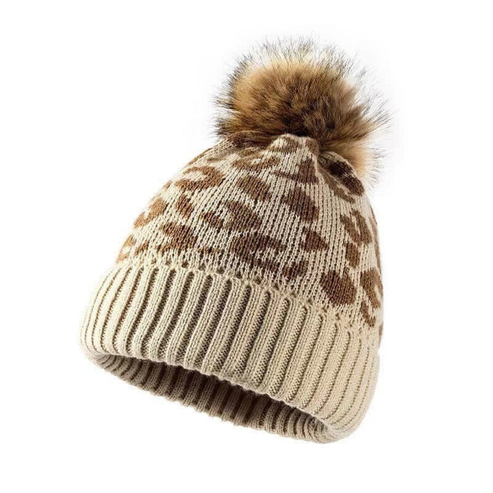 Buddha Stones Fall Winter Leopard Pattern Pom Pom Ribbed Knit Women's Hat - Beige - image 0