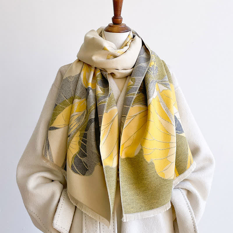 Buddha Stones Spring Fall Lotus Botanical Print Tassel Women's Scarf - DarkKhaki - image 12