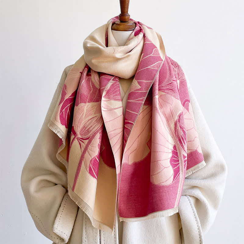 Buddha Stones Spring Fall Lotus Botanical Print Tassel Women's Scarf - DeepPink - image 10