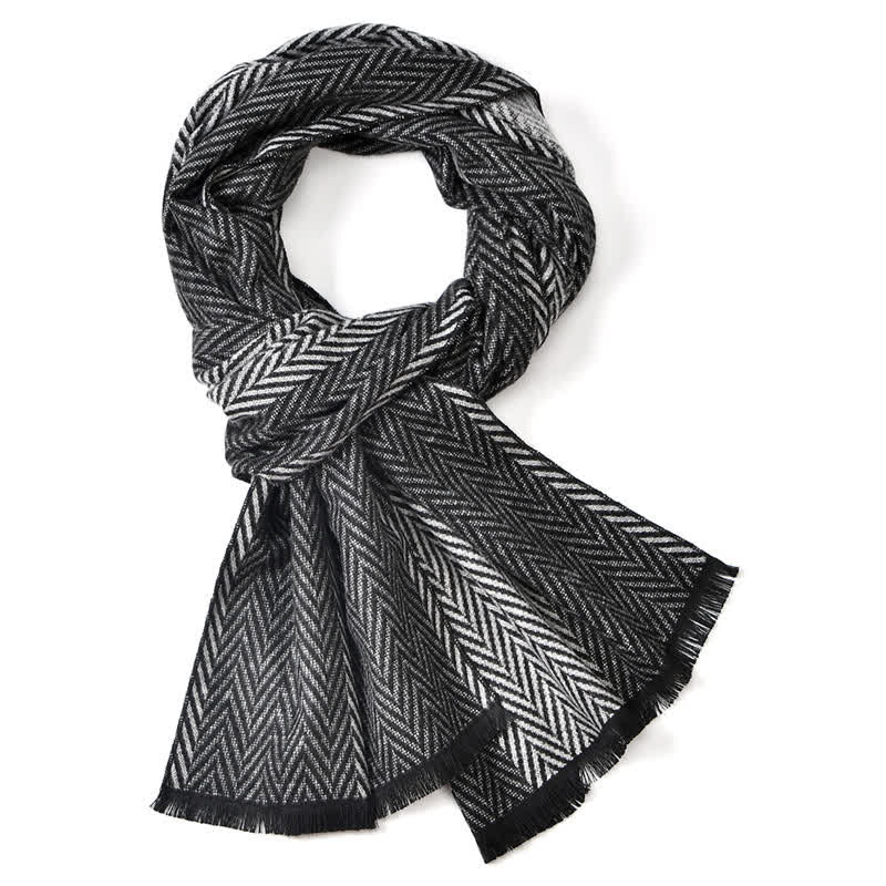 Buddha Stones Fall Winter Herringbone Pattern Tassel Classic Men's Scarf - Black - 180*30cm - image 4