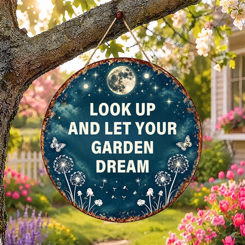 Buddha Stones "LOOK UP AND LET YOUR GARDEN DREAM" Moon Star Butterfly Memorial Quote Round Metal Iron Meaningful Symbols Wall Art - image 0