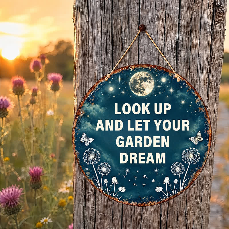 Buddha Stones "LOOK UP AND LET YOUR GARDEN DREAM" Moon Star Butterfly Memorial Quote Round Metal Iron Meaningful Symbols Wall Art - image 1