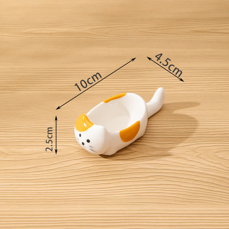 Buddha Stones Hand-Painted Cute Cat Ceramic Sauce Dish Chopstick Holder - Short Orange Spots White - image 2