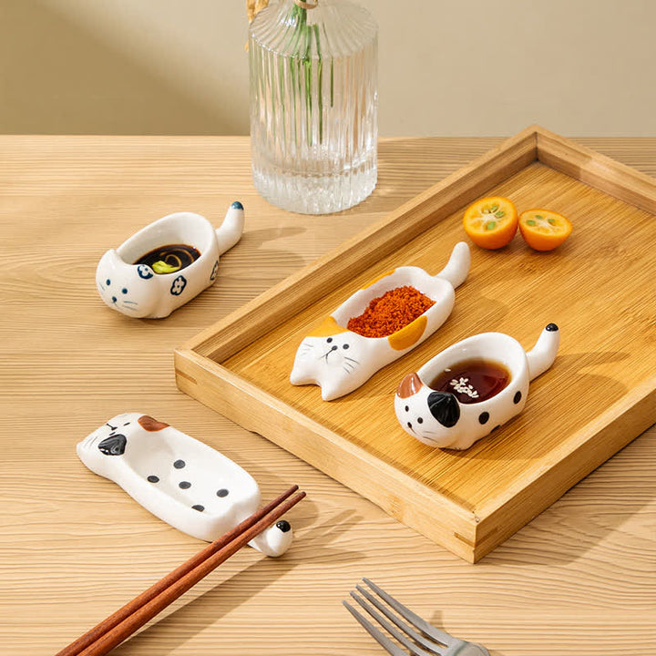 Buddha Stones Hand-Painted Cute Cat Ceramic Sauce Dish Chopstick Holder - image 17