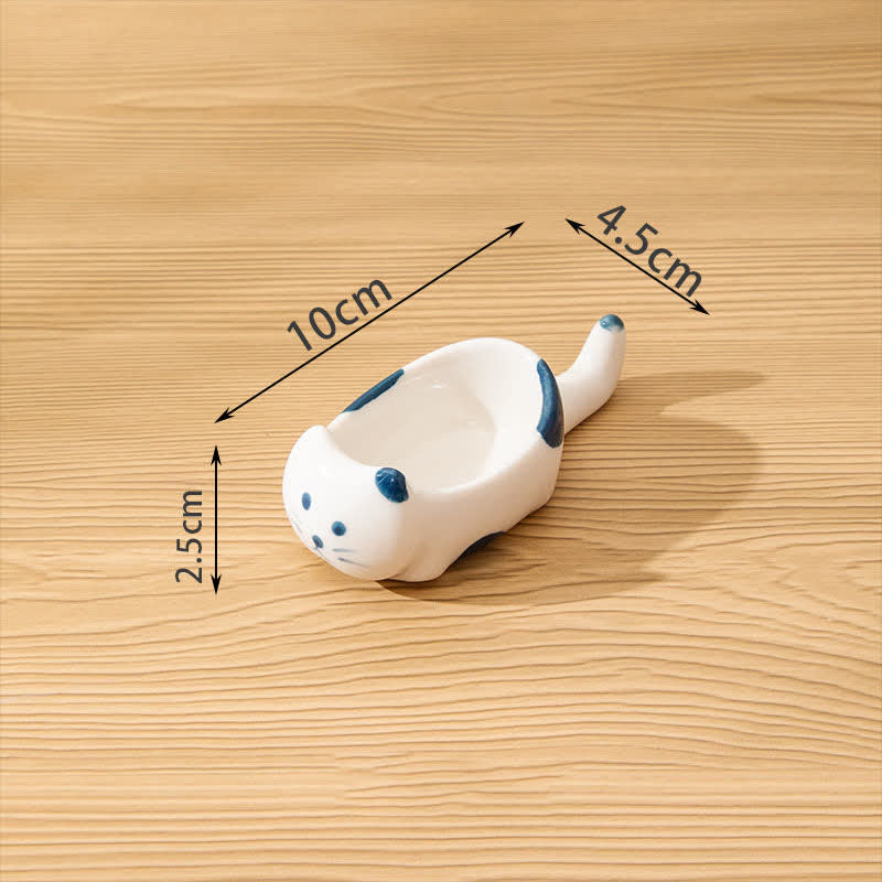 Buddha Stones Hand-Painted Cute Cat Ceramic Sauce Dish Chopstick Holder - Short Blue Spots White - image 9