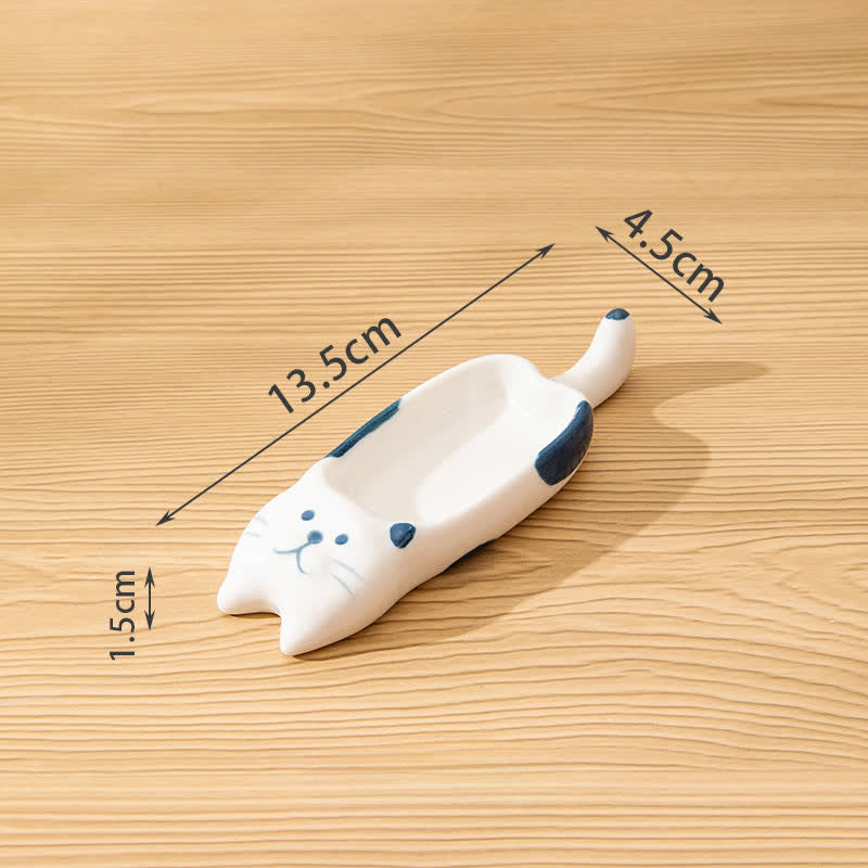 Buddha Stones Hand-Painted Cute Cat Ceramic Sauce Dish Chopstick Holder - Long Blue Spots White - image 8